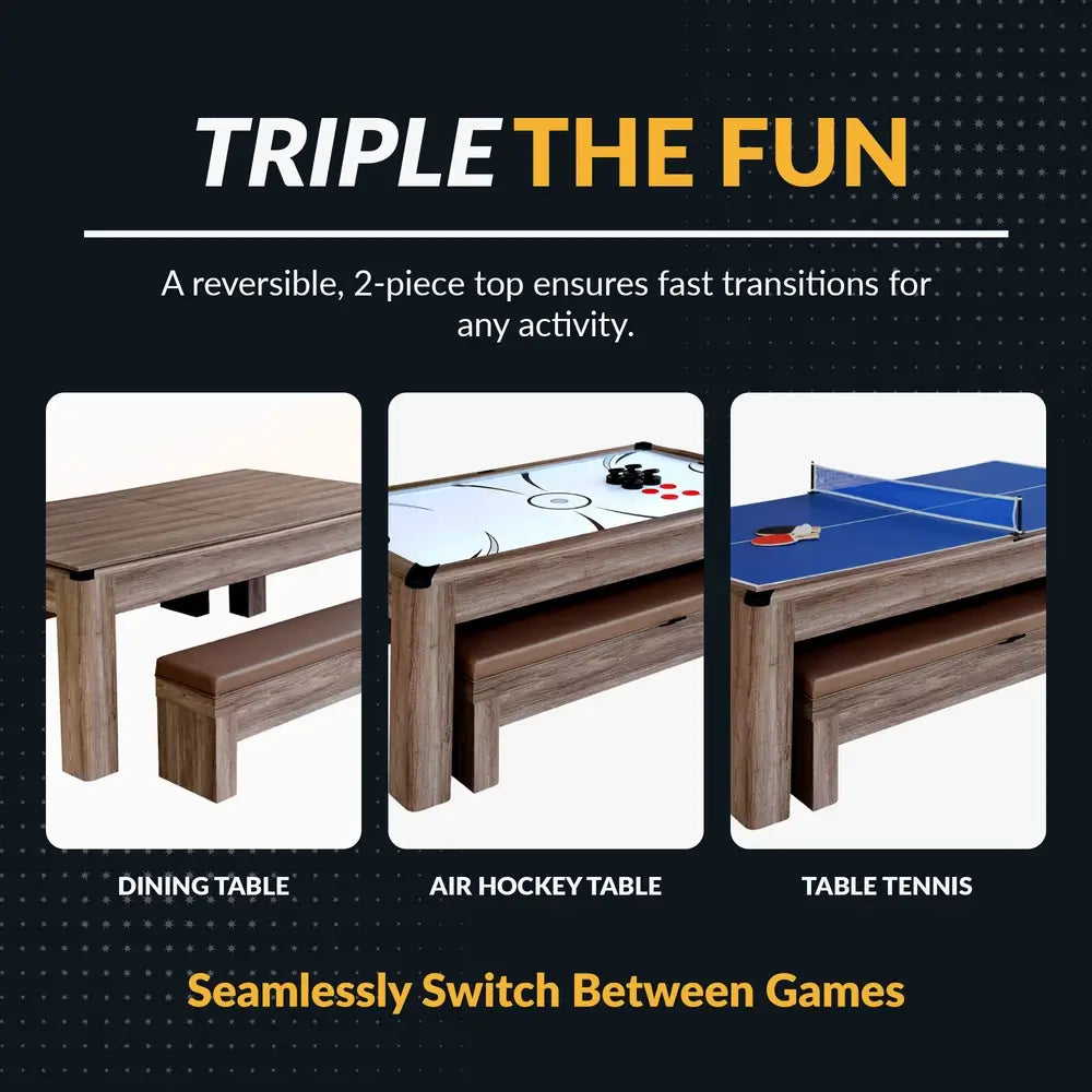 Triple-function Hathaway game table with convertible top for dining, air hockey, and table tennis; reversible tabletop design allows quick transitions between games.
