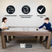 Family-friendly air hockey table in driftwood finish with storage seating, regulation size, and smooth gameplay; includes 180-day limited warranty.