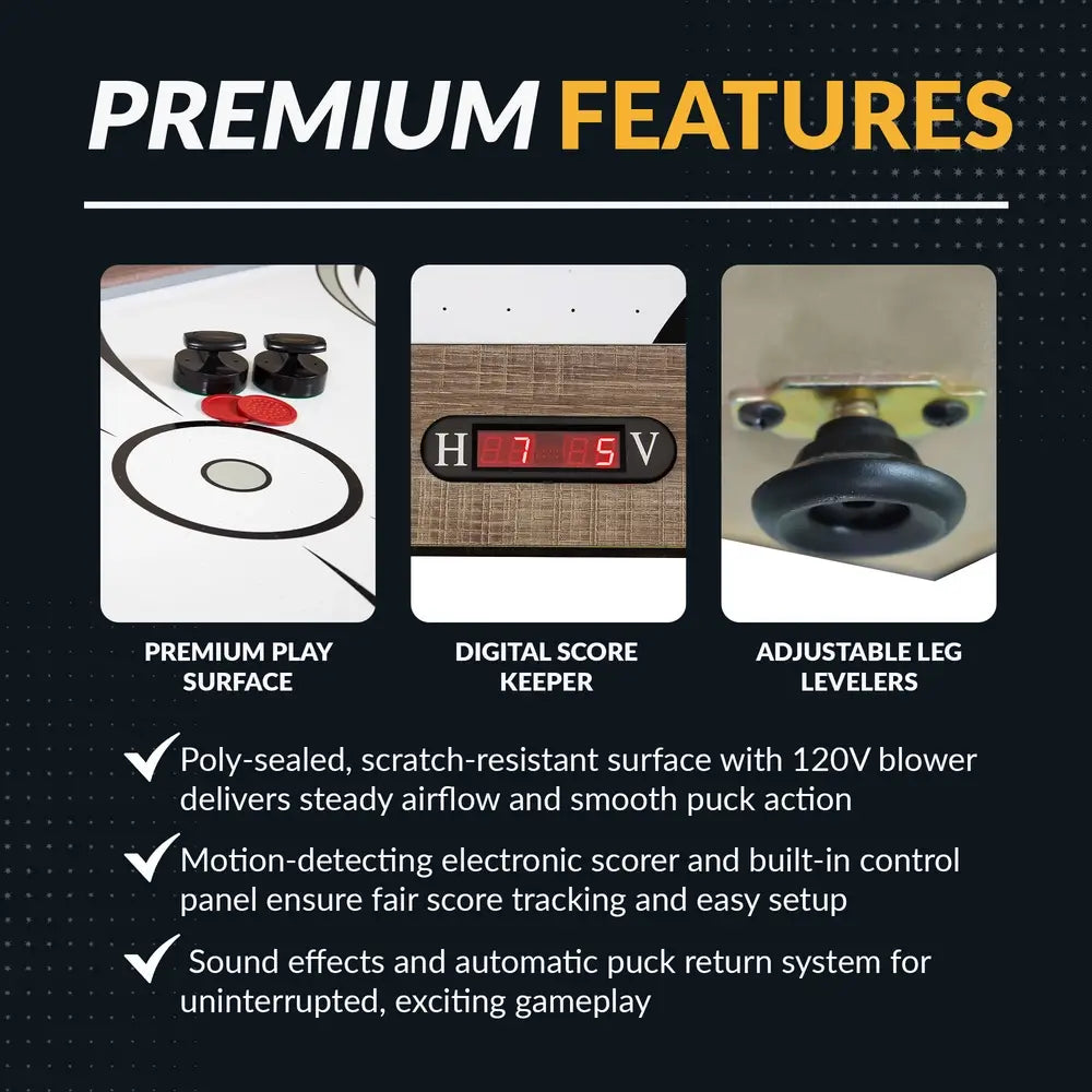 Premium features of convertible game table including scratch-resistant playfield, electronic digital scorekeeper, and adjustable leg levelers for even gameplay.