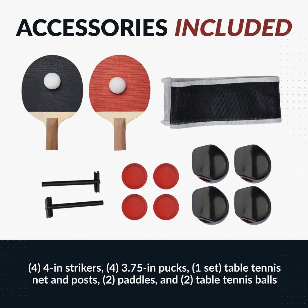 Included accessories for 3-in-1 game table set: 4 black strikers, 4 red pucks, table tennis net with posts, 2 ping pong paddles, and 2 white balls.