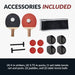 Included accessories for 3-in-1 game table set: 4 black strikers, 4 red pucks, table tennis net with posts, 2 ping pong paddles, and 2 white balls.