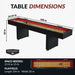 Hathaway shuffleboard table dimensions showing 108-inch length, 24.25-inch width, and 30-inch height, with 104-inch by 20-inch playfield.