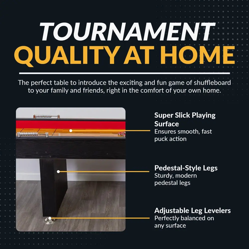 Hathaway shuffleboard table features labeled including slick playing surface, pedestal-style legs, and adjustable leg levelers.