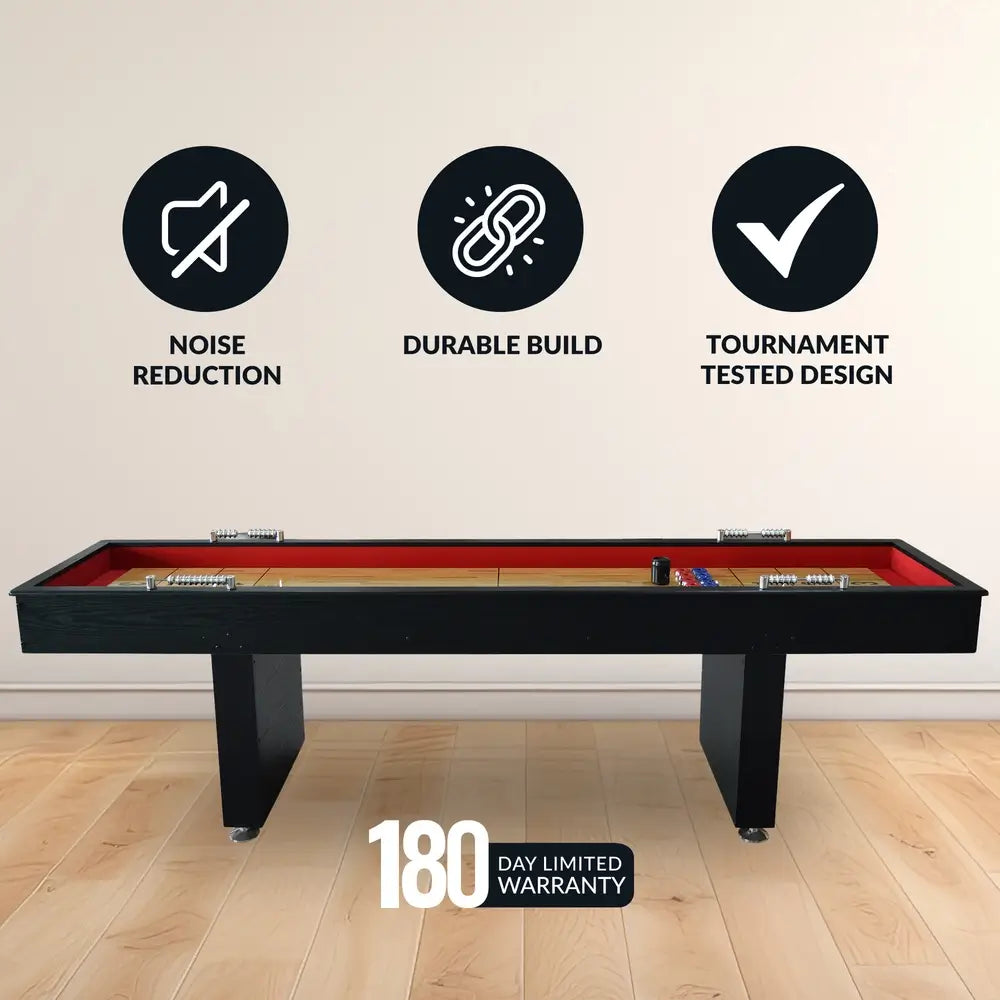 Front view of Hathaway shuffleboard table showcasing noise reduction, durable construction, and tournament-tested design with 180-day warranty.