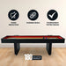 Front view of Hathaway shuffleboard table showcasing noise reduction, durable construction, and tournament-tested design with 180-day warranty.