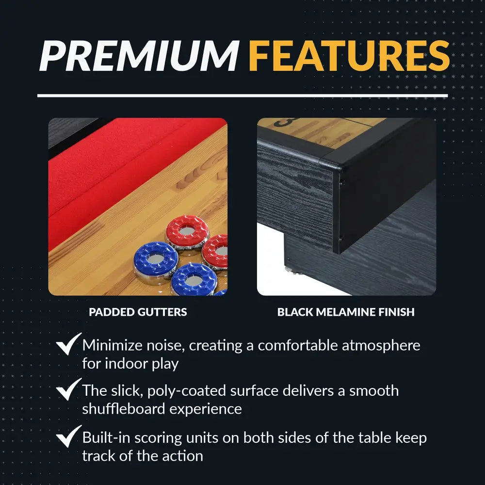 Premium shuffleboard table features including red padded gutters, black melamine finish, and built-in scoring systems for quiet indoor gameplay.