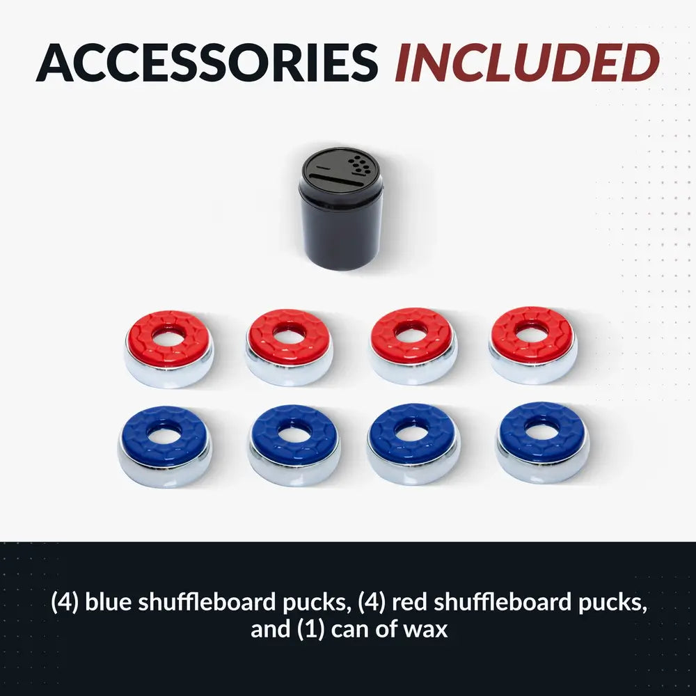 Shuffleboard accessory kit with four red and four blue pucks and one can of wax included with the Hathaway table.