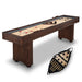 Hathaway 2-in-1 game table with shuffleboard pucks and mini bowling set, featuring included accessory bag on white background.