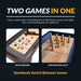Dual gameplay functionality with close-up of shuffleboard scoring zones and mini wooden bowling pins setup on the same table surface.