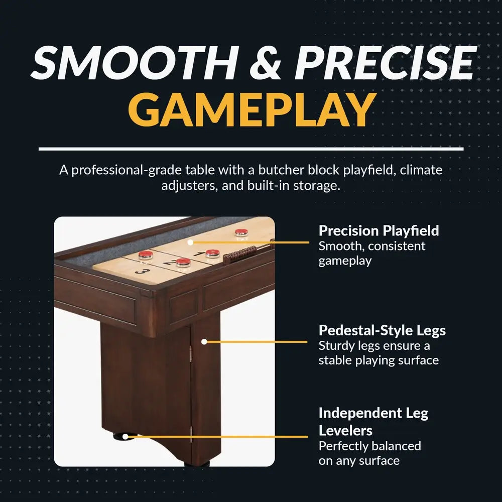 Close-up of Hathaway Austin shuffleboard playfield showing white maple veneer and high-gloss coating with pedestal leg leveler