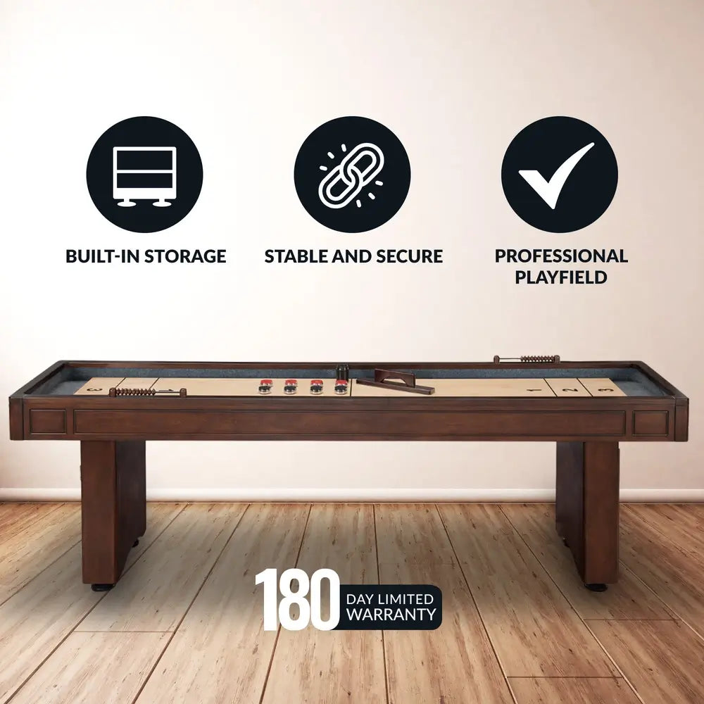 Front-facing view of the Hathaway 2-in-1 game table showing built-in storage compartments, professional playfield, and sturdy design.