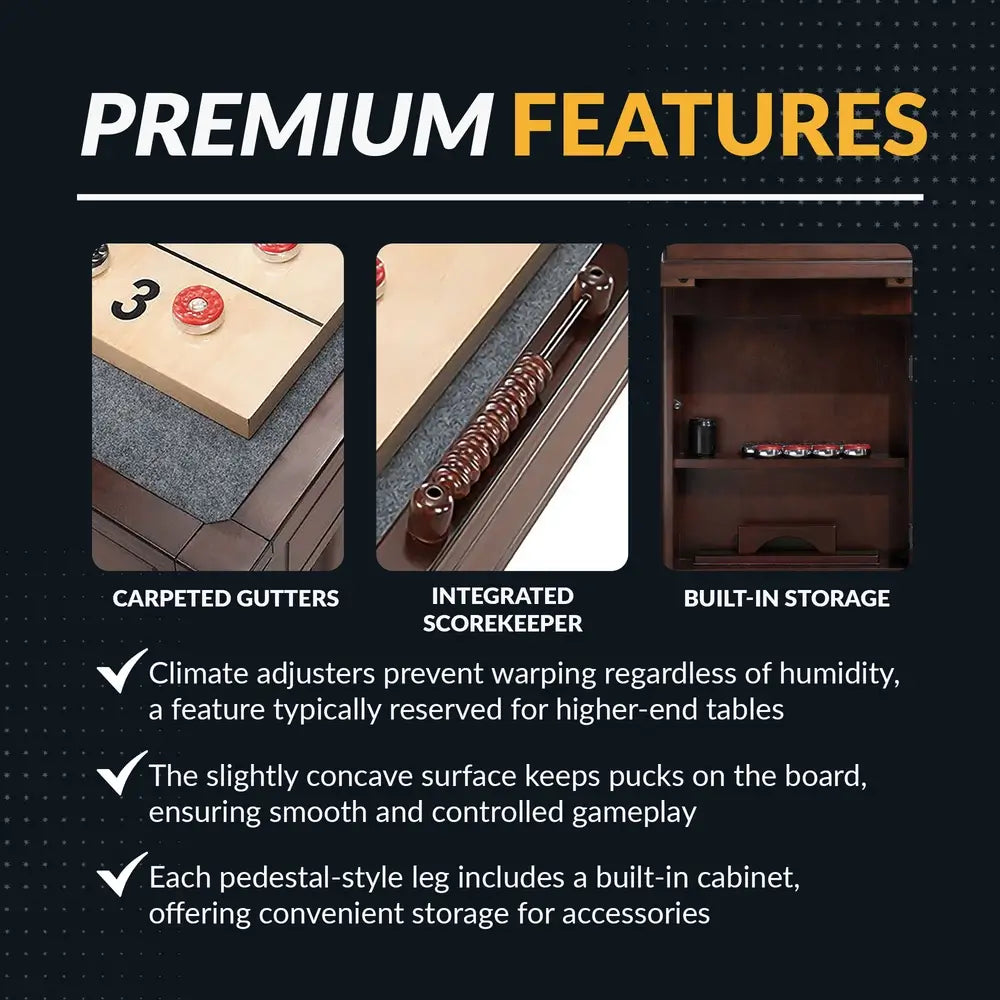 Premium features of Hathaway table include carpeted gutters, integrated abacus-style scorekeeper, and internal storage cabinet for accessories.