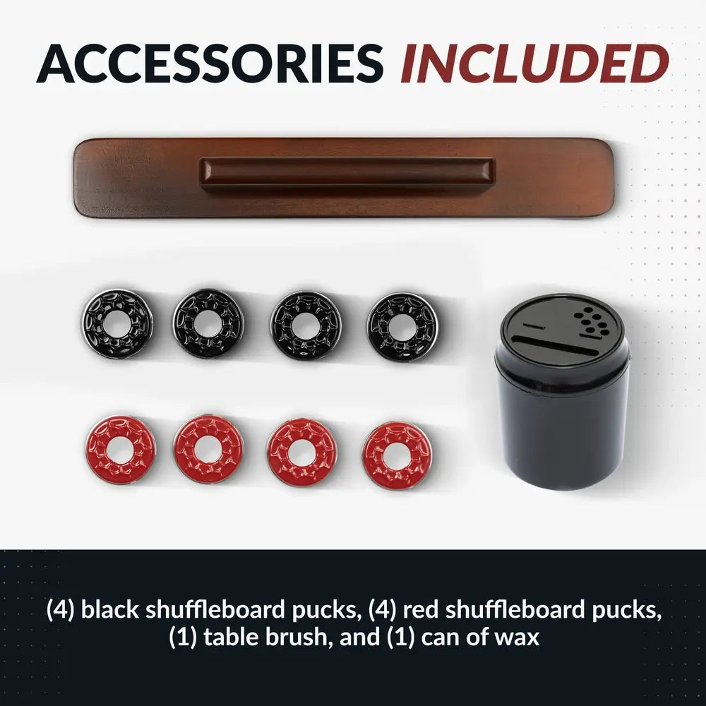 Shuffleboard accessory kit with 4 red and 4 black pucks, one table brush, and one can of shuffleboard wax on white background.