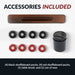 Shuffleboard accessory kit with 4 red and 4 black pucks, one table brush, and one can of shuffleboard wax on white background.
