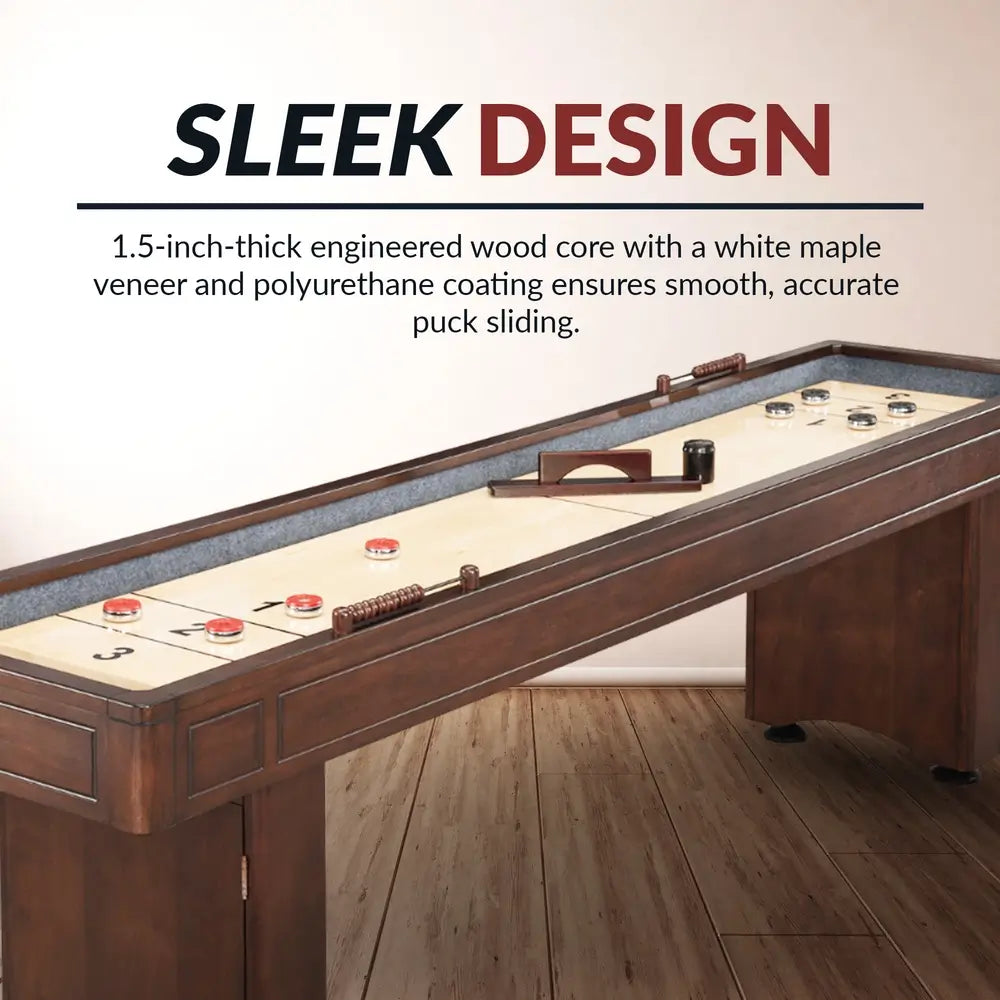 Side view of Hathaway shuffleboard table featuring 1.5-inch-thick engineered wood playfield with white maple veneer and polyurethane coating.