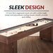 Side view of Hathaway shuffleboard table featuring 1.5-inch-thick engineered wood playfield with white maple veneer and polyurethane coating.
