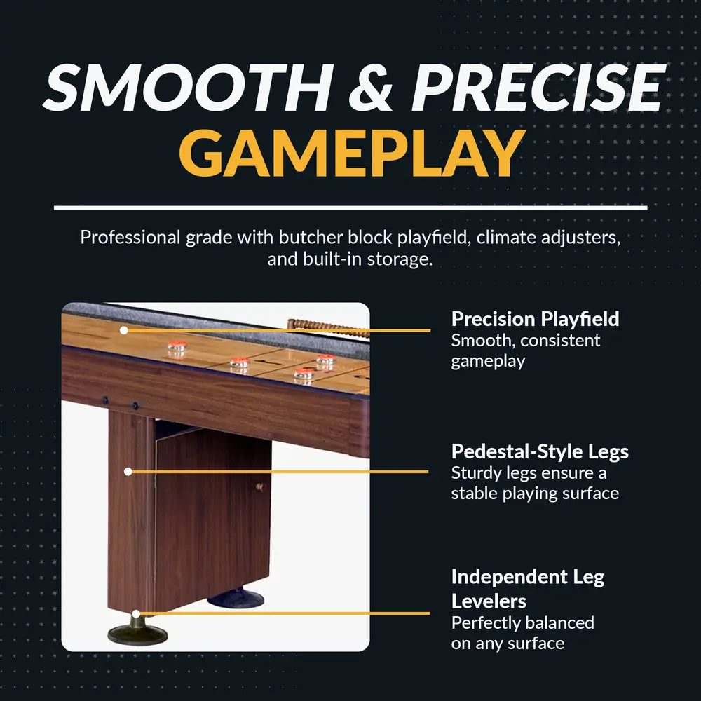 Features of Hathaway shuffleboard table highlighted: pedestal-style legs, precision playfield, and independent leg levelers for balance.