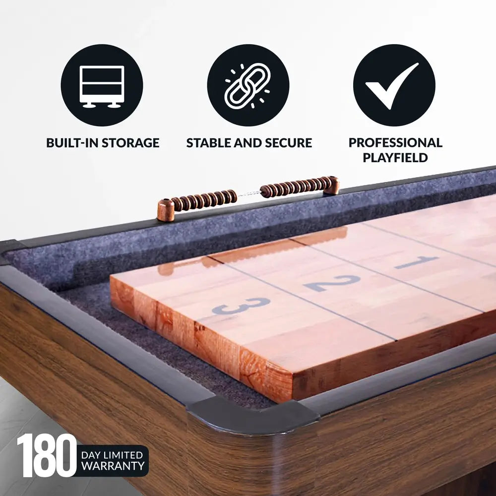 Hathaway shuffleboard table close-up showing abacus scoring system, smooth polyurethane-coated butcher block, and carpeted gutter for quiet play.