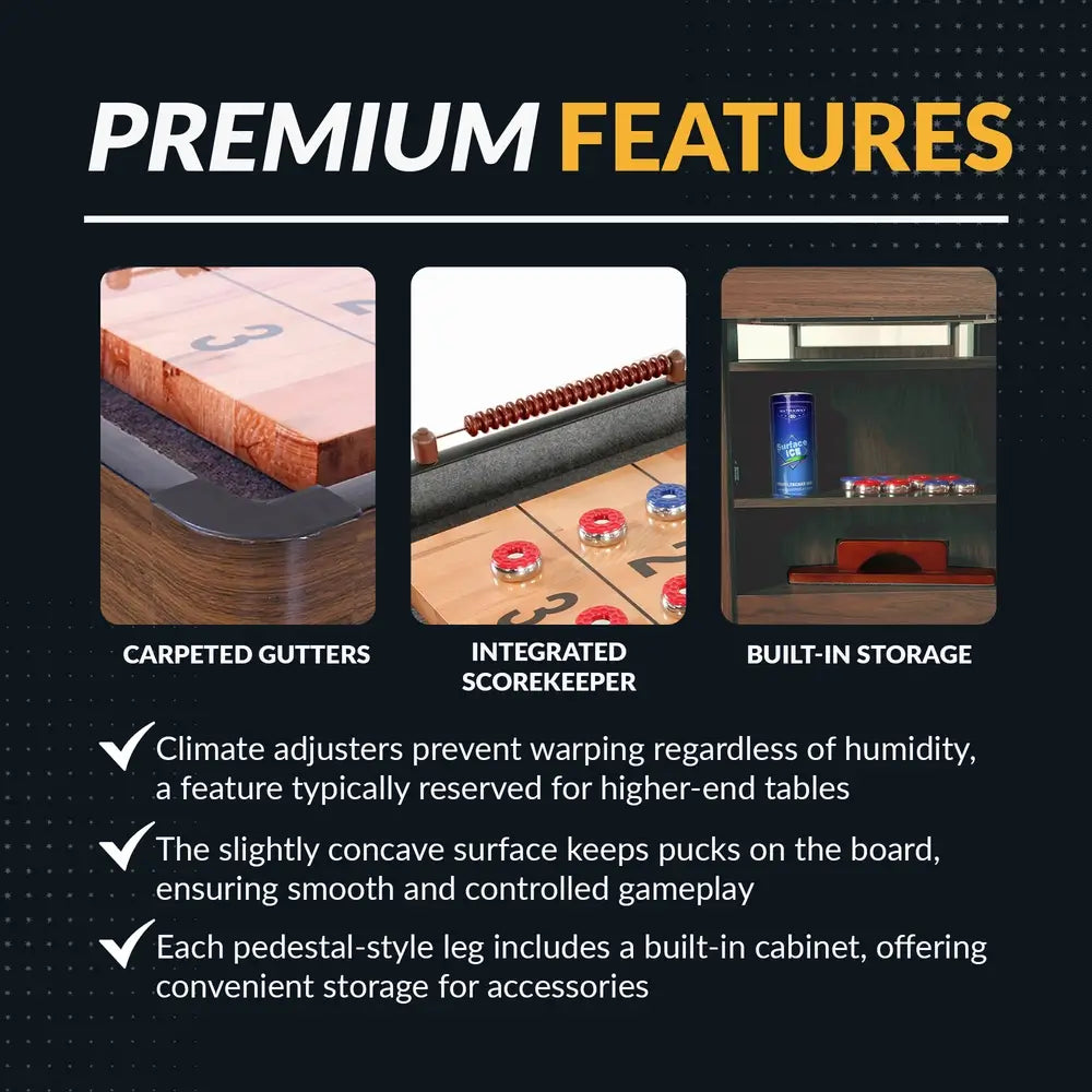 Premium features of Hathaway shuffleboard table include carpeted gutters, built-in scorekeeper, and internal cabinet storage in pedestal legs.