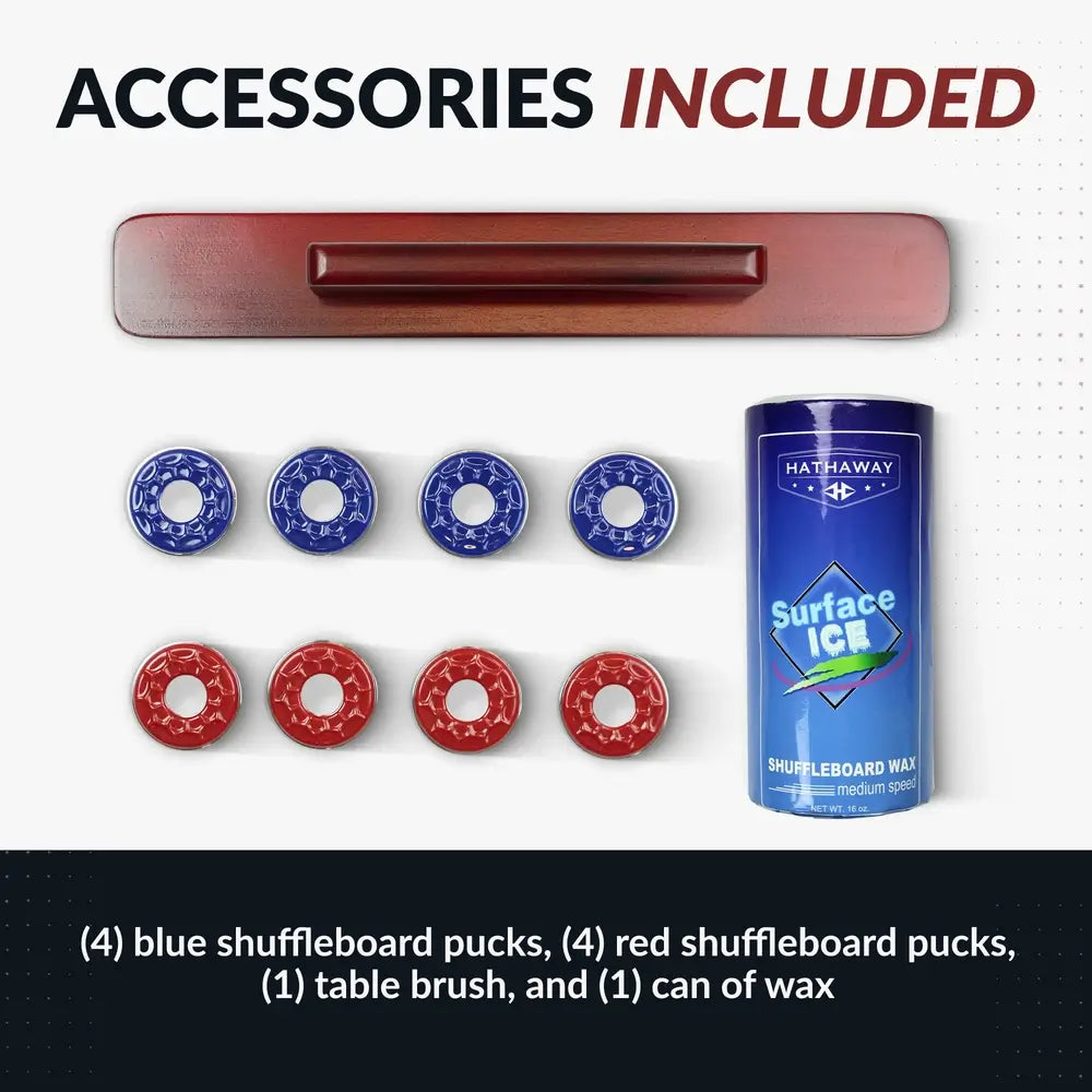 Shuffleboard accessories kit with 4 red and 4 blue pucks, wooden brush, and can of Hathaway Surface Ice wax, included with table.