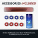 Shuffleboard accessories kit with 4 red and 4 blue pucks, wooden brush, and can of Hathaway Surface Ice wax, included with table.