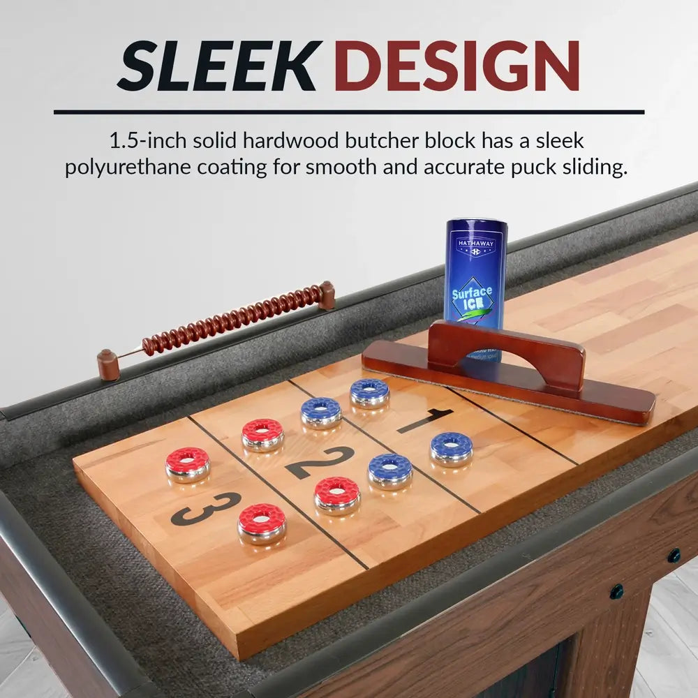 Shuffleboard game in play on Hathaway table with smooth hardwood playfield, abacus scorer, and full set of pucks and accessories.