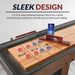 Shuffleboard game in play on Hathaway table with smooth hardwood playfield, abacus scorer, and full set of pucks and accessories.