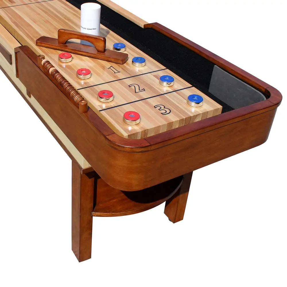 Hathaway Merlot shuffleboard table with maple wood playfield, red and blue pucks, abacus scorers, and wooden puck sweeper, ideal for home game rooms.