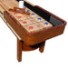 Hathaway Merlot shuffleboard table with maple wood playfield, red and blue pucks, abacus scorers, and wooden puck sweeper, ideal for home game rooms.
