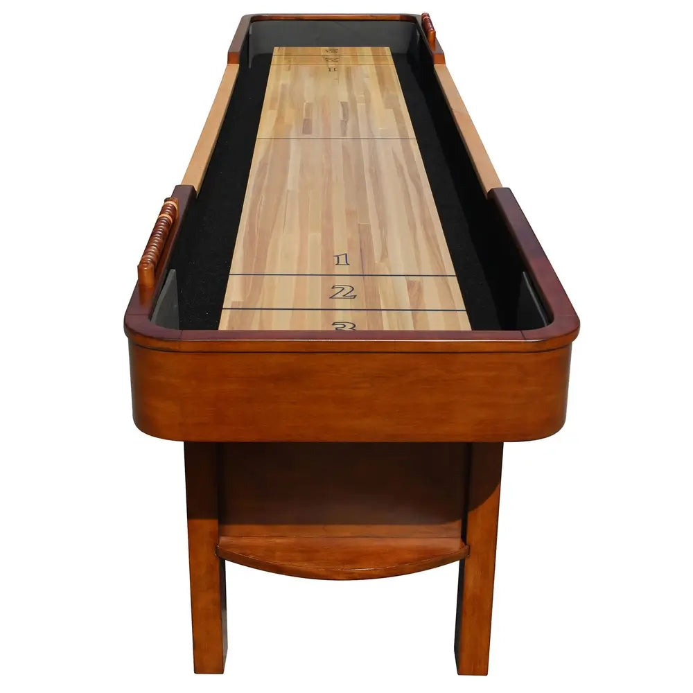 Full end view of Hathaway shuffleboard table with numbered zones 1 to 3, carpeted gutters, and sleek hardwood construction.