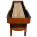 Full end view of Hathaway shuffleboard table with numbered zones 1 to 3, carpeted gutters, and sleek hardwood construction.