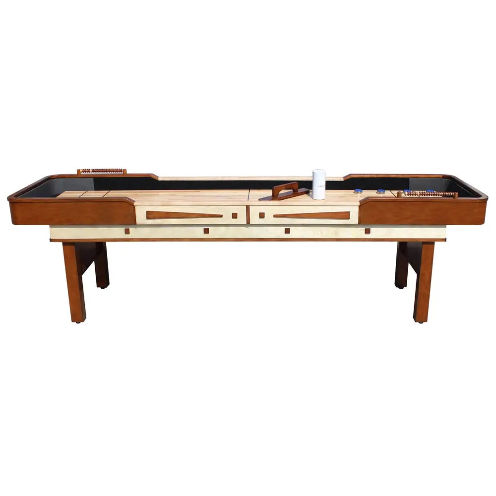 Side view of 9-ft Hathaway Merlot shuffleboard table showing dual-tone wood finish, game accessories, and integrated abacus scorers.