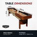 Hathaway Merlot shuffleboard table dimensions labeled 108.5 inches long, 24 inches wide, and 31 inches tall; suitable for 13–15 ft room spaces.