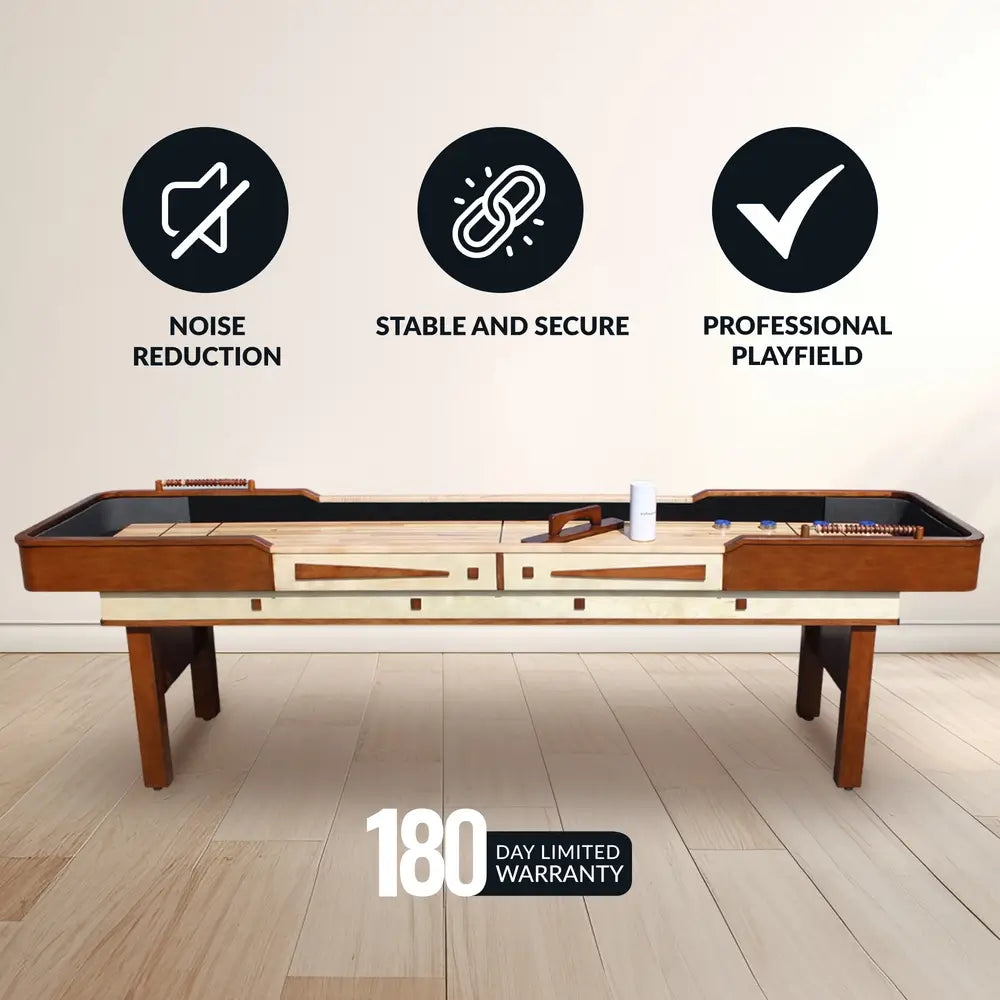Hathaway Merlot shuffleboard table shown in game room with icons for noise reduction, secure build, and professional-grade playfield; includes 180-day warranty.