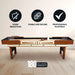 Hathaway Merlot shuffleboard table shown in game room with icons for noise reduction, secure build, and professional-grade playfield; includes 180-day warranty.