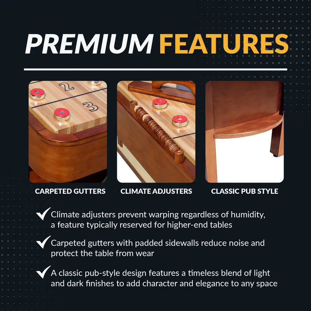 Hathaway Merlot shuffleboard premium features including carpeted gutters for noise control, climate adjusters to prevent warping, and classic pub-style design.