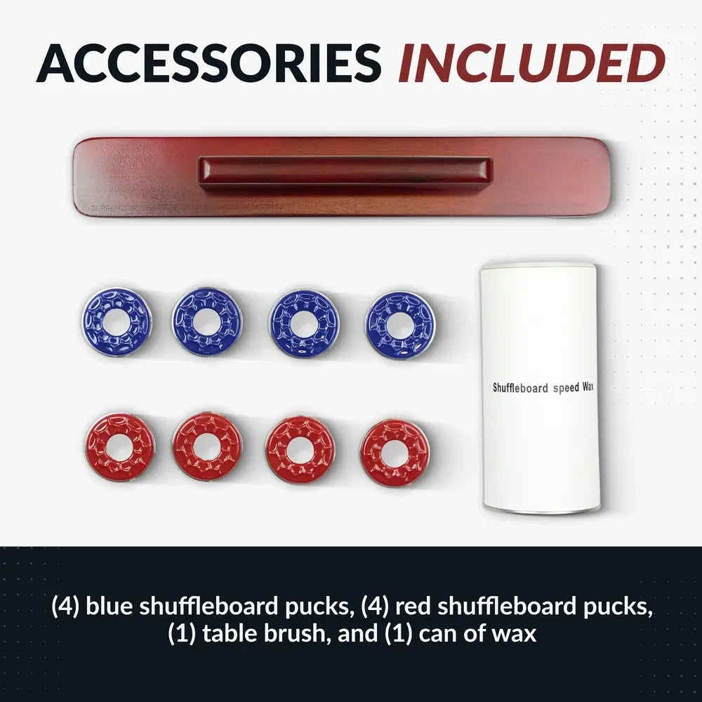 Shuffleboard accessories including 4 blue pucks, 4 red pucks, a wooden table brush, and a can of shuffleboard speed wax.