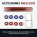 Shuffleboard accessories including 4 blue pucks, 4 red pucks, a wooden table brush, and a can of shuffleboard speed wax.