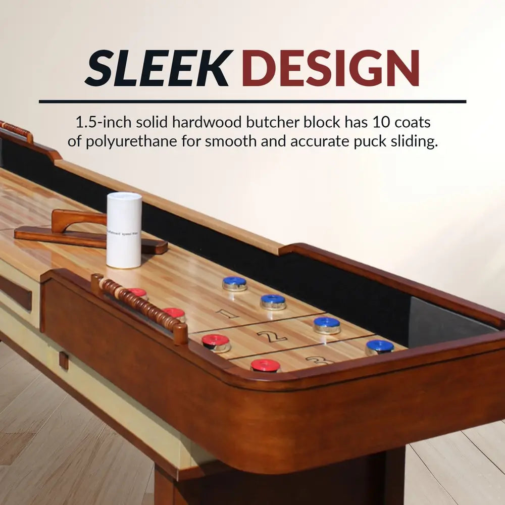 Close-up of shuffleboard table with 1.5-inch butcher block playfield coated with polyurethane for smooth and accurate puck sliding.