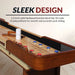 Close-up of shuffleboard table with 1.5-inch butcher block playfield coated with polyurethane for smooth and accurate puck sliding.