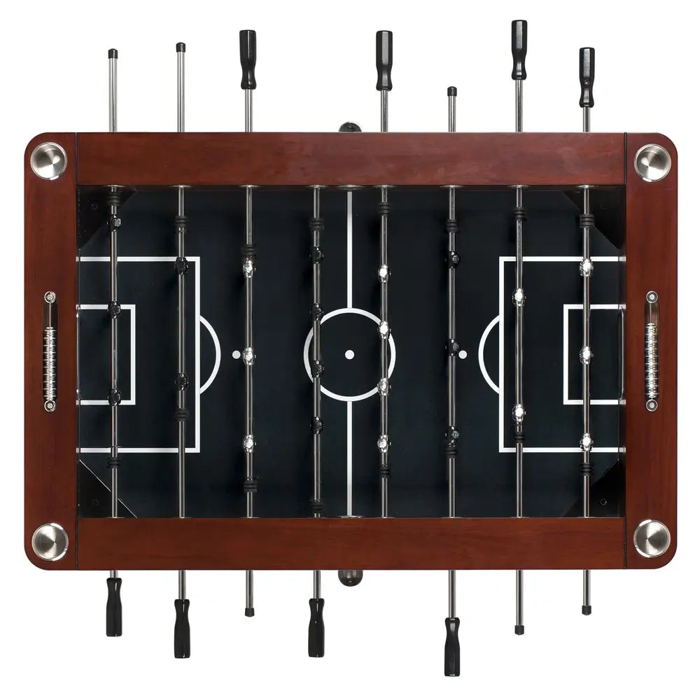 Top-down view of foosball table showing green field with white markings, chrome rods, ABS players, and built-in metal drink holders on espresso wood frame.