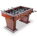 Full view of espresso-finish foosball table with sturdy double pedestal base, ergonomic octagonal handles, and modern chrome detailing.