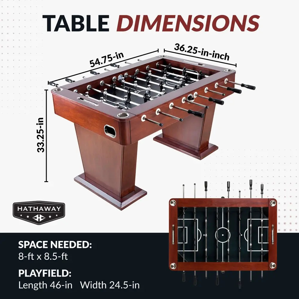 Foosball table dimensions infographic—measures 54.75 x 36.25 x 33.25 inches with 46 x 24.5 inch playfield—requires 8 x 8.5 ft floor space.