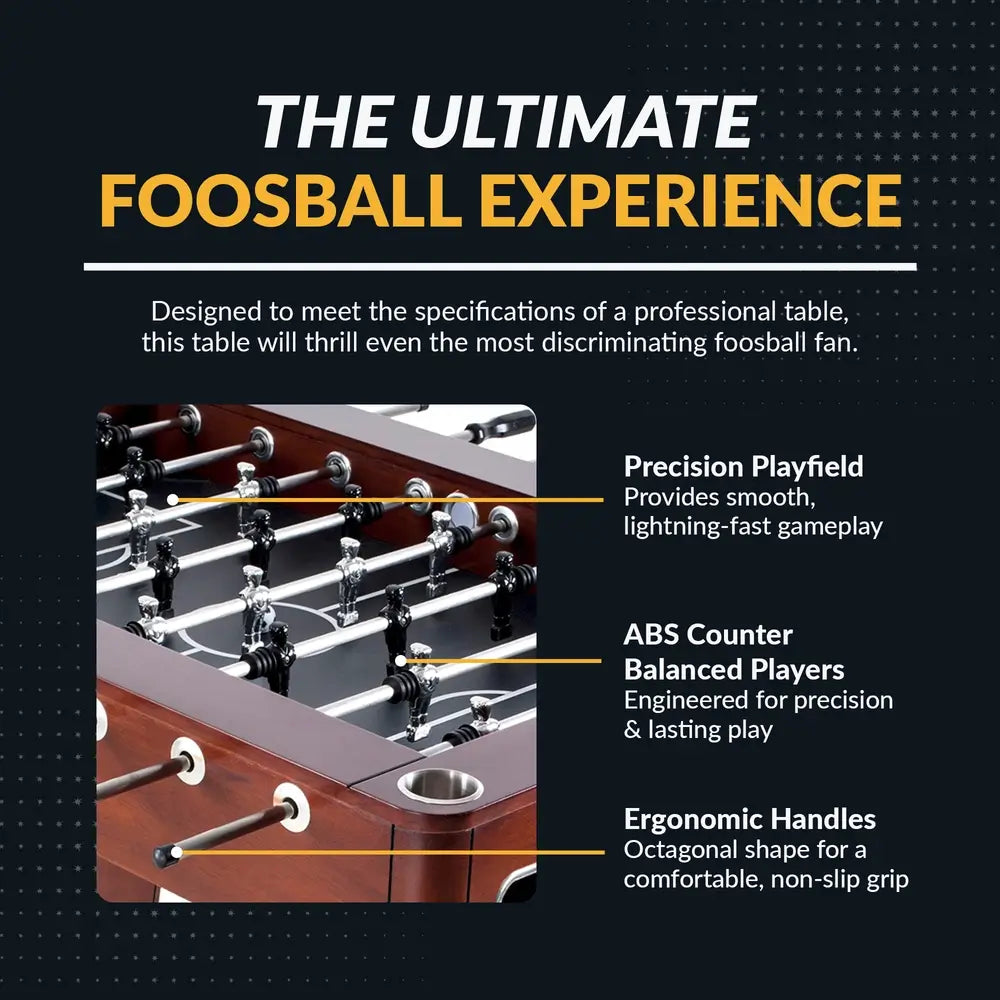 Graphic highlighting professional-grade foosball table features including precision playfield, ABS counter-balanced players, and ergonomic octagonal handles.