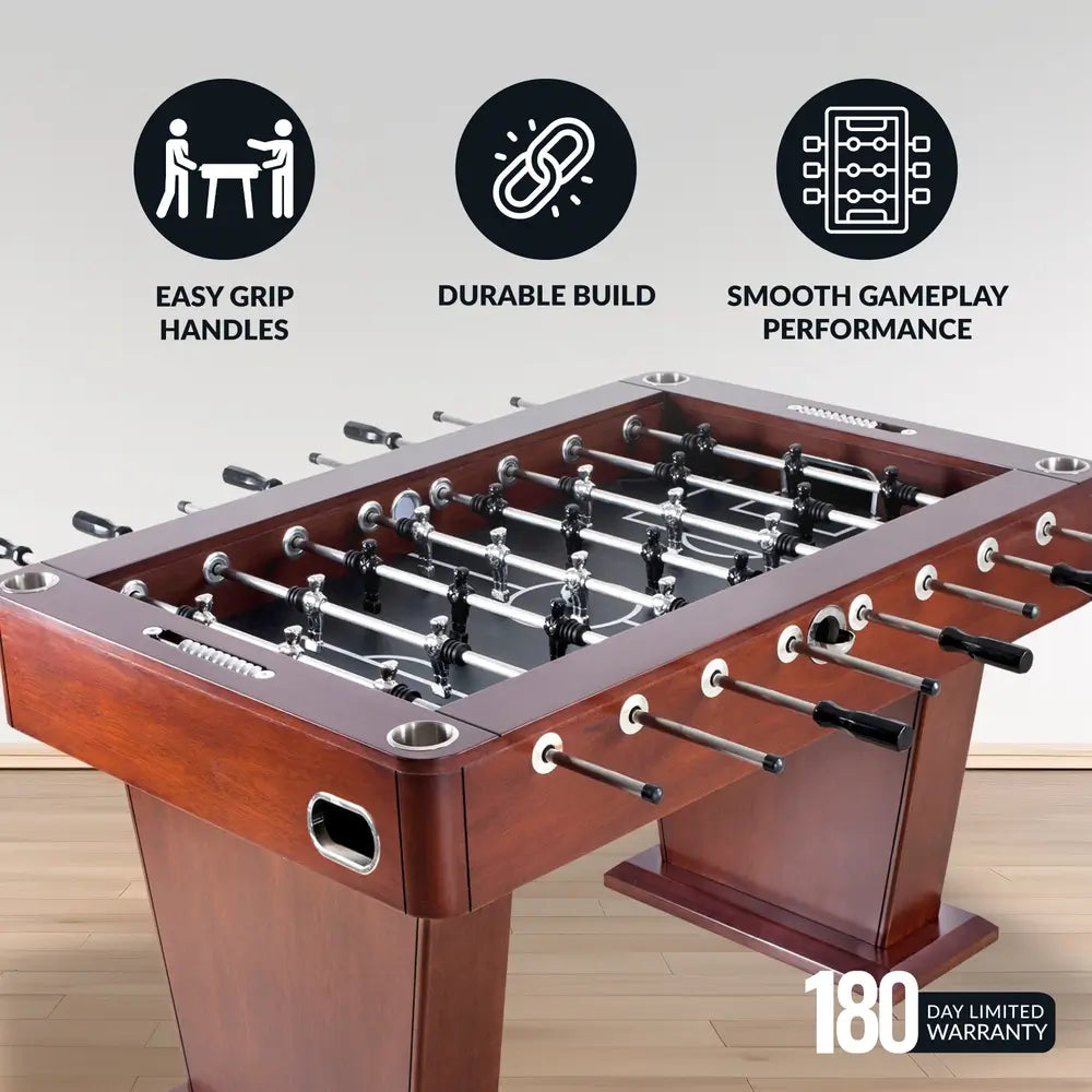 Foosball table with icons highlighting easy-grip handles, durable build quality, and smooth gameplay performance; includes 180-day limited warranty badge.