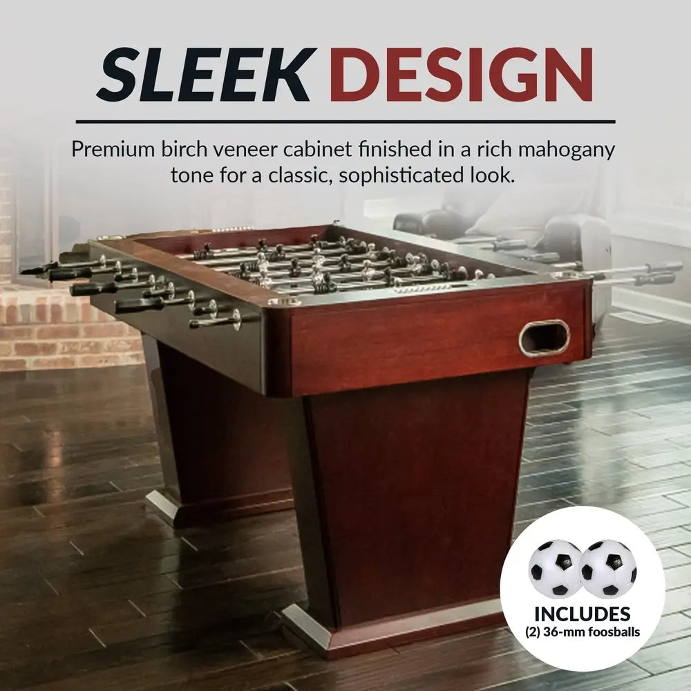 Mahogany-finish foosball table with birch veneer cabinet, featuring sleek design, modern pedestal legs, and includes two 36mm black-and-white foosballs.