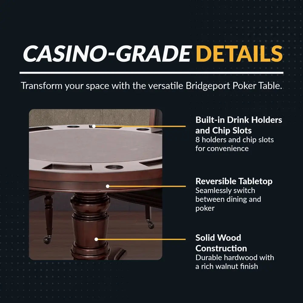 Casino-grade poker table with 8 built-in drink holders and chip slots, reversible top for dining or game night, and solid wood construction with rich walnut finish for luxury home gaming.