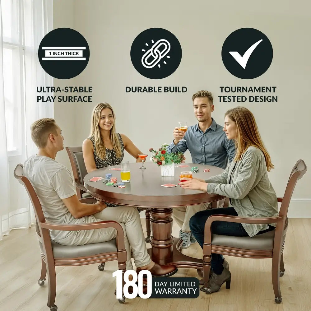 Group of friends enjoying cards and drinks around a round convertible poker table with wood base and padded armchairs, highlighting durable build, thick play surface, and 180-day warranty.