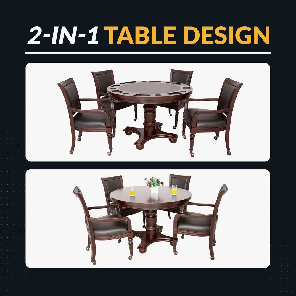 2-in-1 convertible poker and dining table set with five leatherette chairs, showcasing round tabletop with drink holders and smooth dining surface for multipurpose use.
