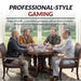 Group of men playing poker around a professional-style round gaming table with wood pedestal base and leatherette chairs, designed for serious gameplay in home or tournament settings.